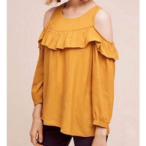 Anthropologie Maeve Barely Open Cold Shoulder Blouse Mustard Yellow Size 10 - Picture 1 of 10